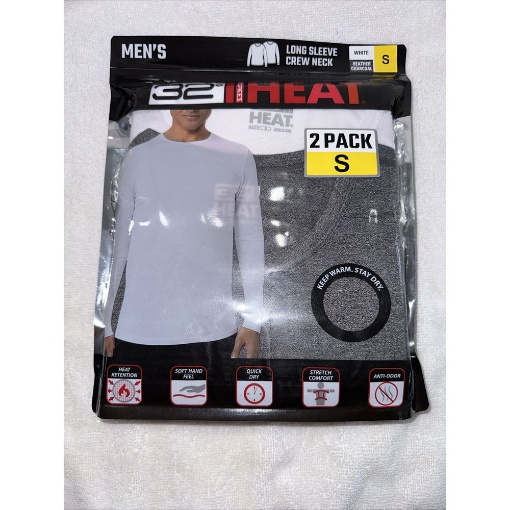32 Degrees Heat 2-Pack Mens Long Sleeve Crew Neck‎ Shirts (Small) White/Charcoal